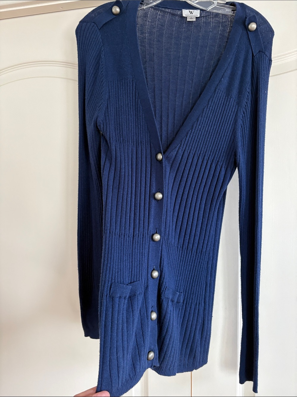 Worthington Navy Blue Ribbed V-Neck Cardigan Size Large